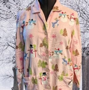 Nick & Nora Pink Snowman Flannel Pink Pajama Top Womens Small Winter Pockets
